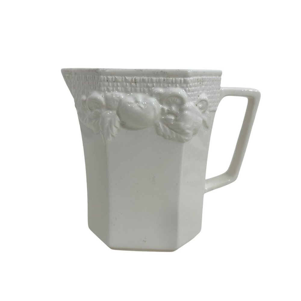 Harvest Weave Vtg Ceramic Pitcher White Vegetables Octagon Japan Pottery 6.25”